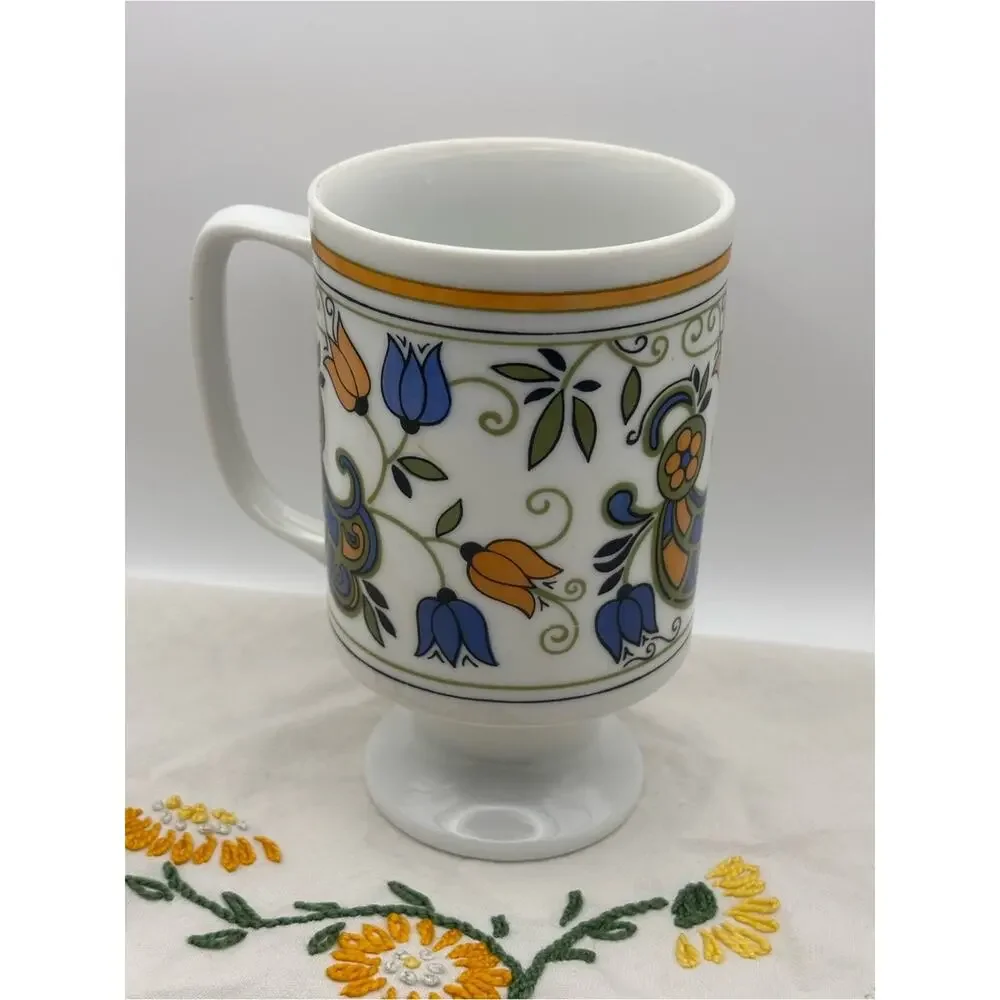 Vintage 1970s Pedestal Mug with Floral Design, Blue and Orange Coffee Cup